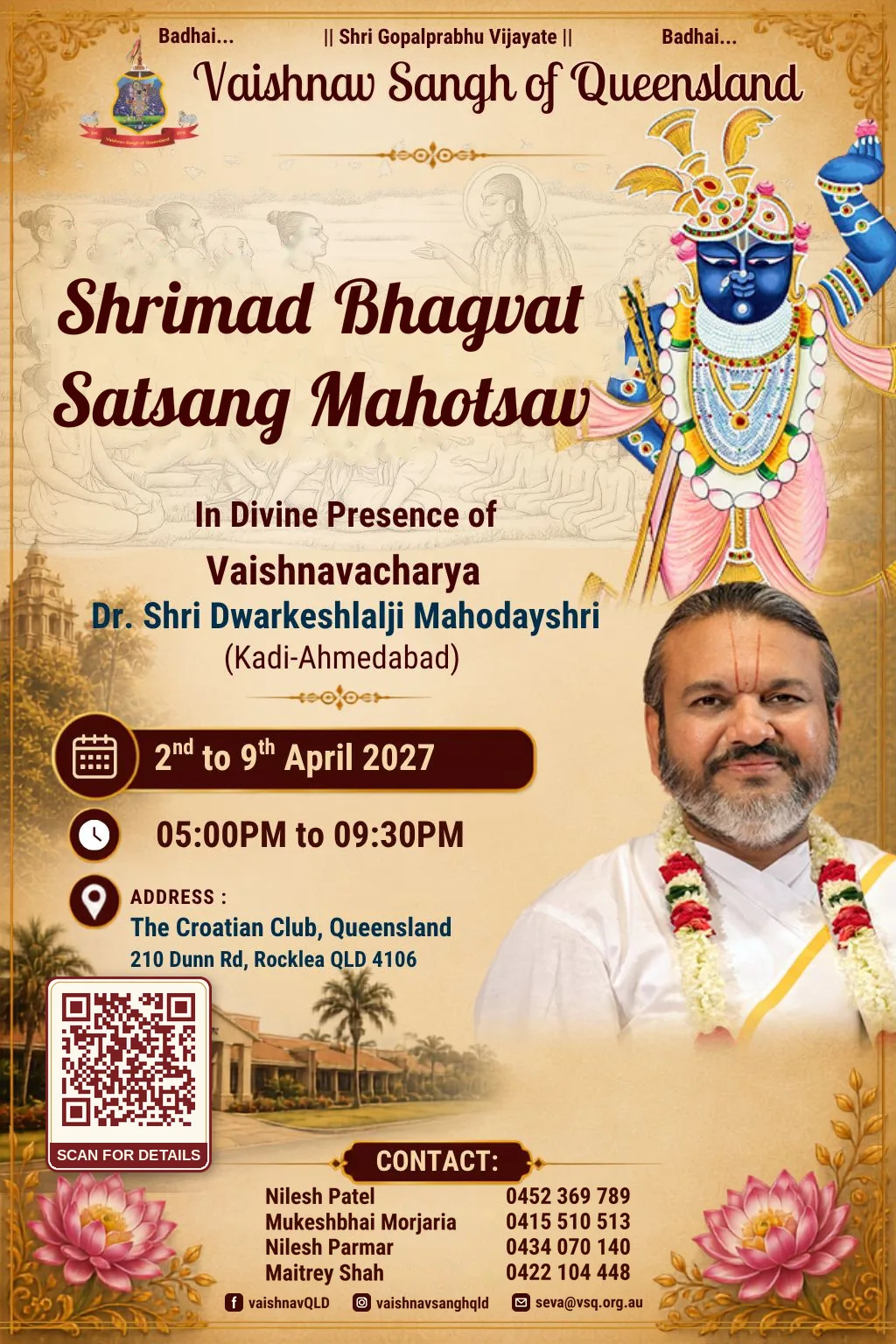 Official flyer for the Shrimad Bhagvat Satsang Mahotsav, 2 to 9 April 2027